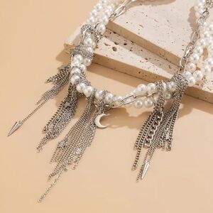 Anthropologie Silver and Pearl Fringe Necklace